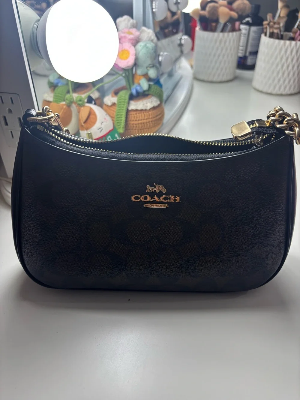 Coach Black Signature Canvas Shoulder Bag with Gold Hardware